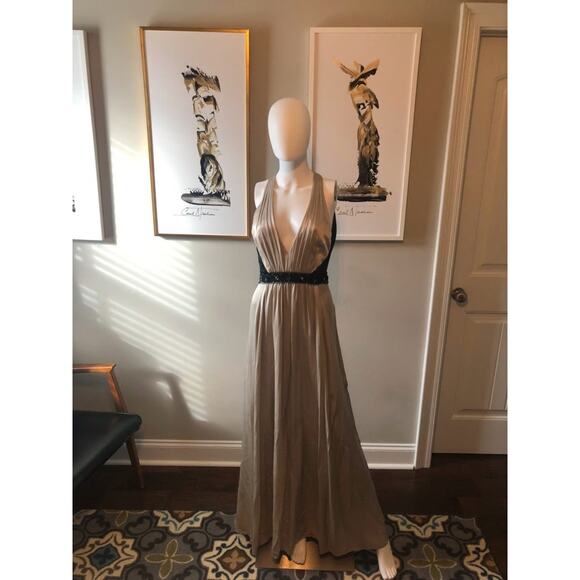 BCBGMAXAZRIA Dress Womens Size 2 Champagne Black Silk Beaded Gown y2k fairycore - Picture 1 of 7